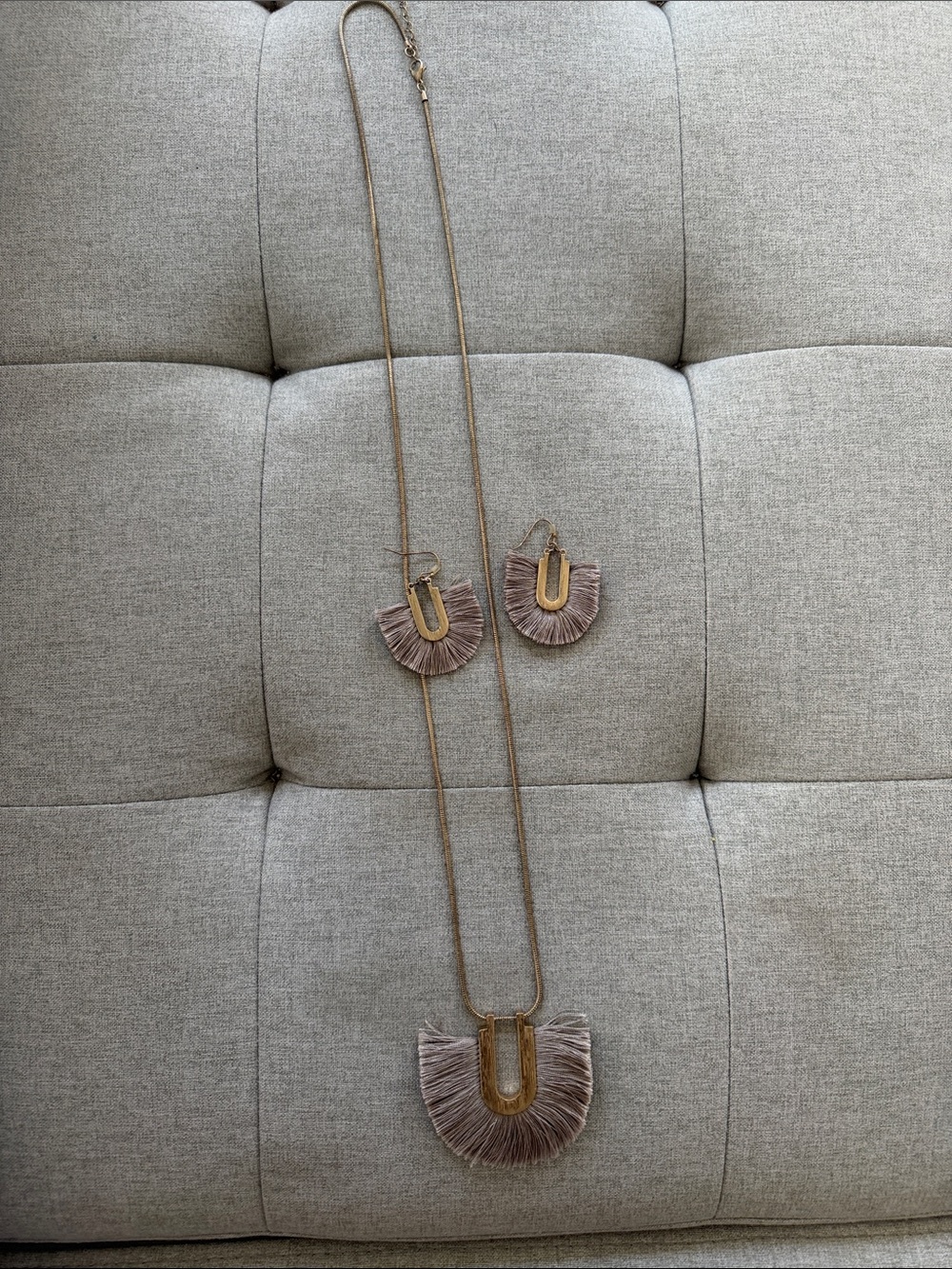 Bohemian Fringe Pendant Necklace and Earring Set - Taupe